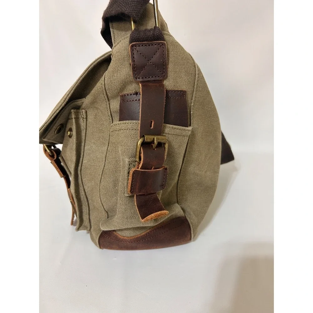 Military Leather Canvas Laptop Bag Messenger Medium Olive Travel Crossbody